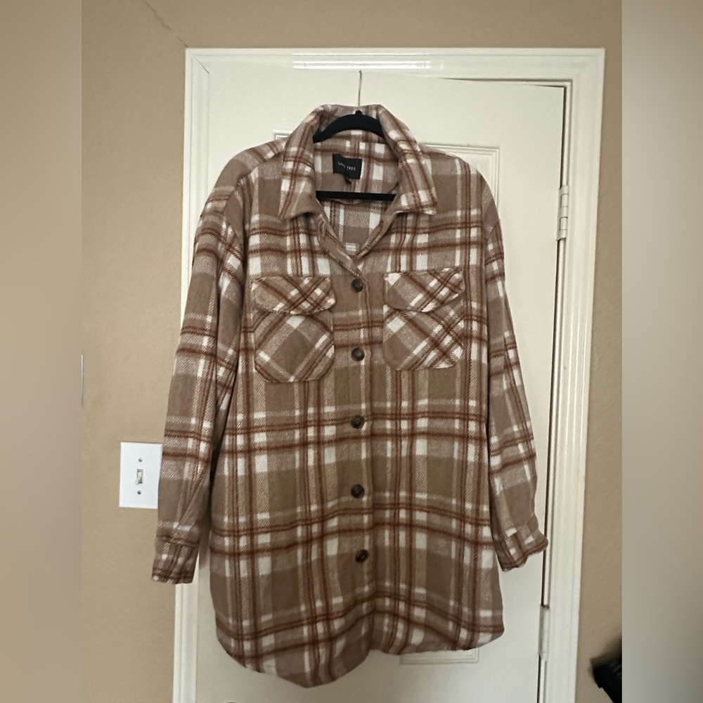 Love Tree Beige and Brown long Plaid Jacket- size M